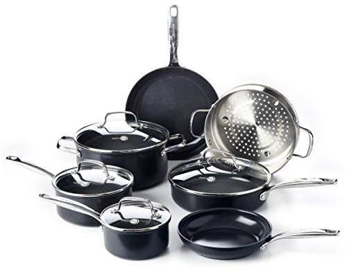 GreenPan Prime Midnight 11-Piece Hard Anodised Healthy Ceramic Non-Stick Cookware Set, Black