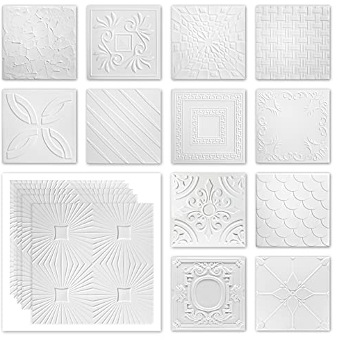 HEXIM Dalles de plafond 50x50cm Plaques de polystyrène XPS blanc, Panneaux de plafond Décoration de l'espace Revêtement (NR.35, 10 m²)