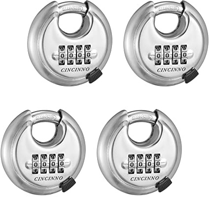 CINCINNO 4 Digit Combination Lock, Combination Disc Padlock with Hardened Steel Shackle Combo Padlock for Sheds, Locker, Storage Unit, Gym and Fence (4 Pcs)