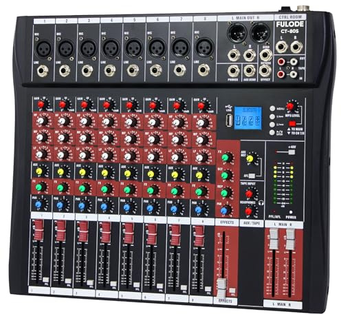 FULUODE Audio Mixer 8 Channel, CT-80S Professional Sound System Mixer Board DJ Mixing Console with Reverb MP3 Player Bluetooth 48V Phantom Power Supply USB Recording for Studio Karaoke Live Music