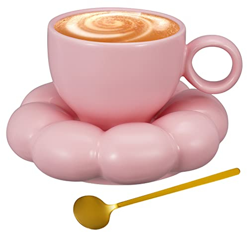 Weigudoc Porzellan Kaffeetassen Set mit wolkenförmiger Untertasse und Löffel, 185ml Teetassen und Untertasse, niedliche Kaffeebecher in Macaron Farbe für das Haushaltsbüro, Hochzeitscafé (Rose Sakura)