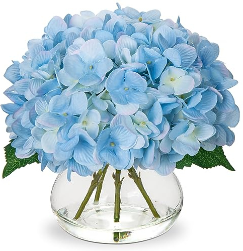 Hollyone Hydrangea Artificial Flowers with Vase Blue Silk Fake Flowers Arrangements in Glass Vase with Faux Water Faux Floral Bulk Bouquet for Home Decor Bathroom Table Centerpiece Shelf Decorations