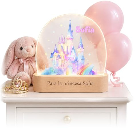 RecontraMago Lámpara Infantil Personalizada con Nombre, Castillo Princesa | Regalo niña 3 4 5 años de cumpleaños, Navidad o Reyes, princesas y arcoíris, luz nocturna con base de madera grabada