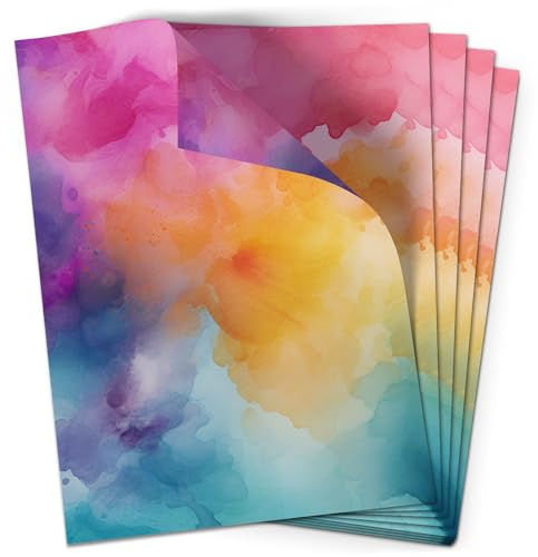 Lot de 50 feuilles de papier à lettre (A4) - Aquarelle multicolore - Pour bricolage - Design élégant et coloré - Imprimé des deux côtés - Papier de bricolage arc-en-ciel - 90 g/m²