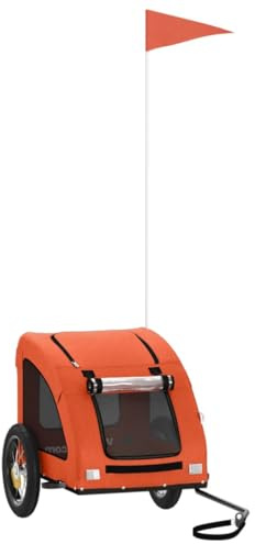 vidaXL Pet Bike Trailer in Orange Oxford Fabric and Iron with PVC Cover, Easy-access Zippered Doors, Reflectors and Flag for Safety.