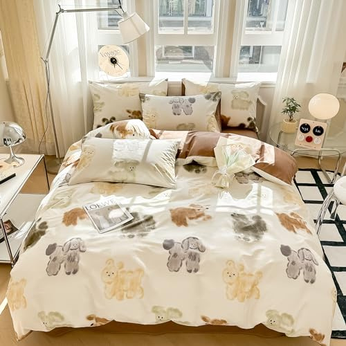 GETIYA Bunt Graffiti Hunde Muster Bettwäsche 135x200 Baumwolle Bettwäsche Mädchen Damen Bettbezug Tiere Muster Weiß Braun Wendebettwäsche Einzelbett mit 1 Reißverschluss Kissenbezug 80x80