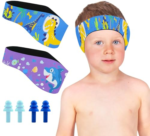 Schwimmen Stirnband Kinder, 2 Stück Neopren Schwimmband, Schwimm Stirnbänder mit Ohrenstöpsel Wasserdichte Ohrenschutz Band, Niedlich Elastizität Kopfband für Kinder Tauchen