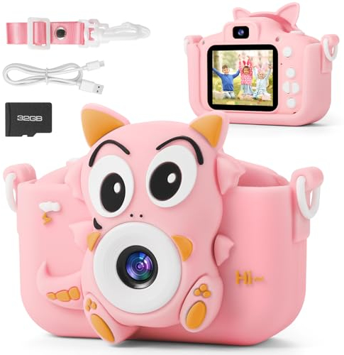 FIVAVA Kinderkamera 1080P 2,0-Zoll Bildschirm mit 32GB Karte,Selfie Digitalkamera Fotoapparat Kinder für 3-12 Jahre Mädchen Weihnachten Spielzeug Rosa Dinosaurier
