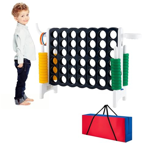 COSTWAY Gigantiskt 4 i rad-spel med basketkorg och kastspel, 4 vinner inkl. 42 jumboringar, reglage & bärväska, fyra i en rad-spel stort (mörkblått + vitt, med väska)