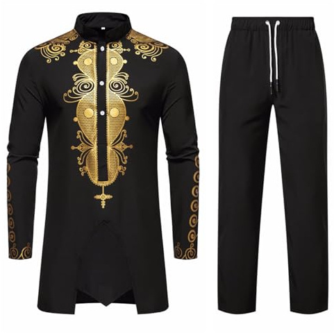 ZDSUHYIW Tuta africana Dashiki da uomo Set di due pezzi Tradizionale Tribale Abiti Manica Lunga Camicia e Pantaloni Musulmani Arabo Medio Oriente Vestito con Maniche Lunghe Islamico Abito, 01 nero, L