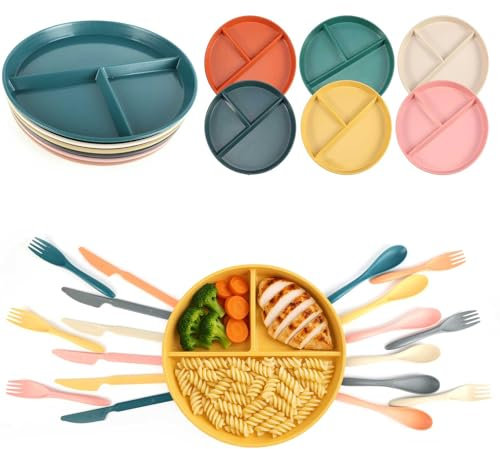 TOLASTO 6er-Set Portionskontroll-Teller mit 3 Fächern | Spülmaschinenfest & Mikrowellengeeignet | BPA-frei für Kinder & Erwachsene