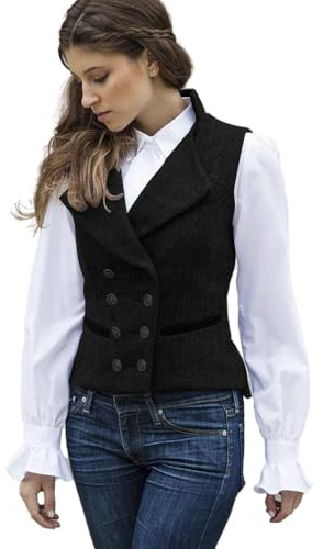 CAMDOM Women 50s Vintage Suit Vest Work Tweed Slim Fit Waistcoat V-Neck Vest Double Breasted Coat with Pockets Sleeveless Blazers Jackets