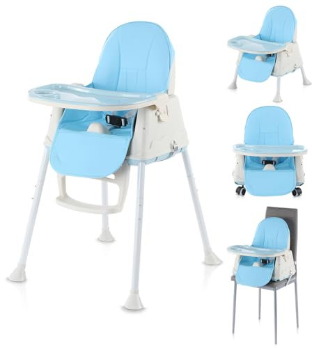 kaitol 4-in-1 Adjustable Baby High Chair, Infant High Feeding Seat Toddler Table Chair, Foldable, Lightweight (3.6 kg), Easy Clean, with 3-Point Belt, from 6 Months to 3 Years (15kg), Blue