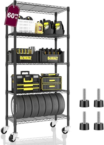 Homtura 5 Tier Wire Shelving with Wheels Casters, 750 lbs Heavy Duty Storage Shelves Metal Shelving, Rolling Adjustable Shelving Unit Wire Rack for Kitchen, Garage, Pantry 14 D x 30 W x 60 H