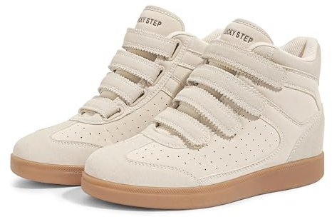 LUCKY STEP Women's High Top Fashion Sneakers Casual Hidden Height Insole Shoes Gum Rubber Sole Ankle Boots Hook-and-Loop Walking Shoes(Beige,7)