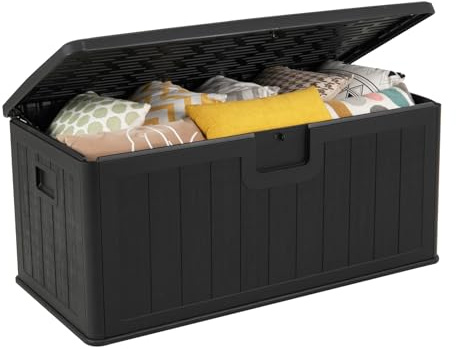 GIANTEX Contenitore impermeabile da giardino con coperchio, 378 l, per giardino, balcone, terrazza, piscina, scatola da giardino, per attrezzi e accessori da giardino (nero)