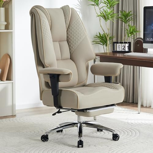 EXCEBET Kontorsstol XXL Ergonomisk 200 kg, Skrivbordsstol med Fotstöd och 14 cm Pocketfjädrar, Datorstol i Andningsbart Mesh, Kontorsstol med Höjdjusterbara Armstöd(Ljusbeige nät)