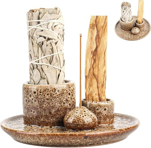 Ciotola di incenso 4 in 1 per Palo Santo, porta bastoncini di incenso, ciotola di incenso in ceramica per ogni incenso, palo santo bastoncini di incenso