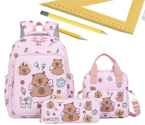 Ancsttu Zaino Capibara | Set Zaino Scolastico Ragazza | Bambini con Astuccio e Borsa Pranzo per Scuola