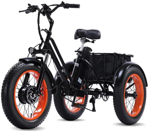Ontrip Electric Tricycle for Adults Electric Tricycle 20 x4.0 FoldingFat tire 3-Wheel Electric Bicycle with Shopping cart Frame48V 15Ah Lithium Battery (Orange)