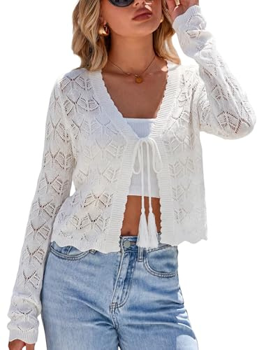 Arach&Cloz Cardigans for Women UK Linen Lightweight Crochet Tie Knot Cropped Bolero Shrug Summer Beach Vacation Top