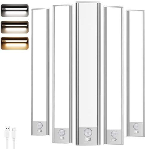 Wudyfei Under Cabinet Kitchen Lights，3 Color Dimmable USB Rechargeable Motion Sensor Lights Indoor 20CM 1100mAh for Shelf Stairs Closet Kitchen （5 Pack）