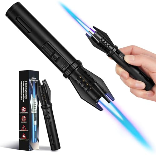 Camping Jet Lighter, Windproof Adjustable Flame with Fuel Visible Window, Refillable Long Reach Flame Fire Lighter for BBQ, Candle, Kitchen, Fireplaces, Camping (Without Fuel)