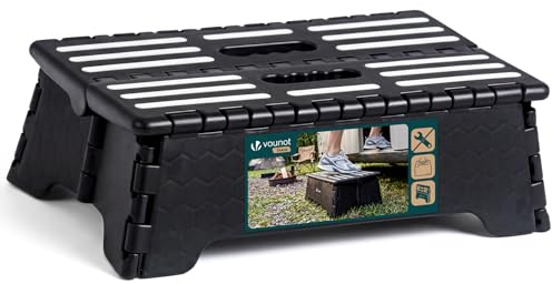 VOUNOT® Sgabello Pieghevole Antiscivolo con Maniglia Integrata, Pedana Rialzata Portatile Salvaspazio, Gradino per Cucina, Bagno, Giardino, Campeggio e Casa, 39,5 x 24 x 13 cm, Nero