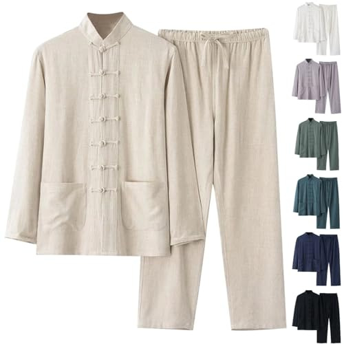 Traje de Tai Chi para hombre Tang Traje Estilo Chino Manga Larga Algodón Lino Camisa+Pantalones 2 Divisiones Ropa Tradicional Artes Marciales Transpirable Kung Fu Uniforme Conjunto Tangzhuang