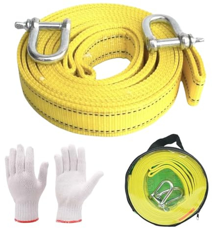 5M Set di funi di traino per auto, 5 mm di spessore, 4,3 cm di larghezza, Cinghia di Traino auto, Cinghia per auto fune, Cinghia di Traino, include 1 paio di guanti. Per il soccorso dei veicoli