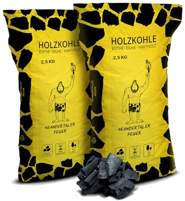 Neandertaler Feuer Holzkohle Grillkohle Buche - Charcoal 5 kg (2 x 2,5 kg) BBQ Kohle für Grill Smoker Kamin | Grillholzkohle aus Laubholz Buchenholzkohle | Restaurant Qualität