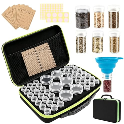 Keltorio Caja de almacenamiento para semillas con 48 ranuras, con 7 bolsas de almacenamiento pequeñas, etiquetas adhesivas y embudo, caja para semillas de verduras, resistente a caídas, protección