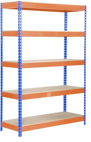 Simon Rack Étagères Charge Lourde 2000x1200x600 mm, 5 Niveaux en Bois, 300 kg par Niveau, Structure Acier, Bleu/Orange/Bois - Bricoforte