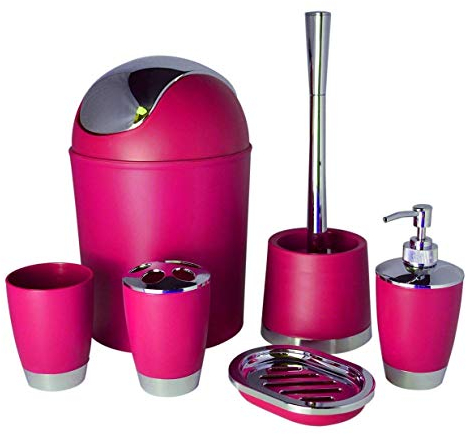 Bathlux, set di accessori da bagno con design moderno, 6 pezzi, spazzolino per WC, pattumiera, portasapone, portaspazzolino, dispenser per sapone, tazza per risciacquo Pink