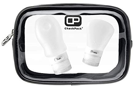 ChackPack Tasche - Leder Edition - Durchsichtige Tasche Inclusive Reiseflaschen-Set, 2 befüllbare Silikon-Flaschen mit Saugnapf zur Befestigung an glatten Oberflächen