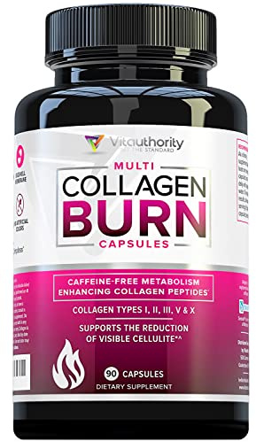 Multi Collagen Burn: Multi-Type Hydrolyzed Protein Peptides with Hyaluronic Acid, Vitamin C, SOD B Dimpless, Types I, II, III, V and X, Caffeine-Free (Unflavored Capsules)
