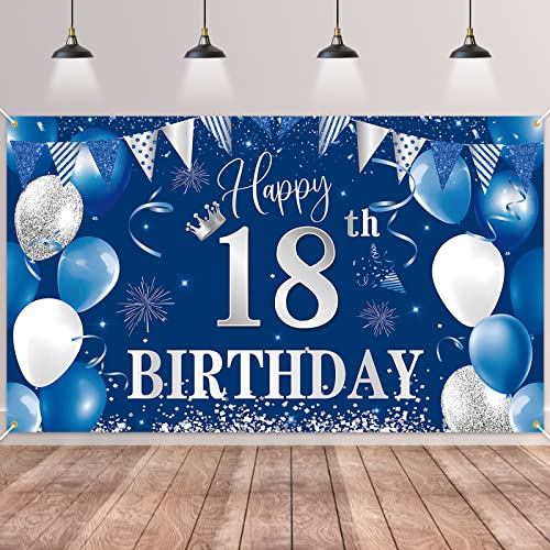 BTZO 18. Geburtstag Banner - Blaues Hintergrund Banner für Jungen und Mädchen - Deko für 18. Geburtstag Party