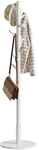 IBUYKE Coat Rack, Free Standing Coat Rack Stand with 8 Hooks and Round Base, Wood Hall Coat Tree, Entryway Coat Stand for Purses, Clothes, Scarves, for Hallway, Bedroom, Living Room, White WD-114
