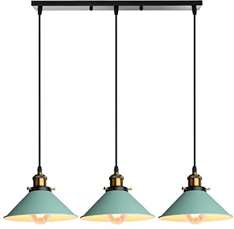 iDEGU 3 Luces Lámpara Colgante Vintage Lámpara de Techo Industrial Pantalla de Lámpara 22CM Diseño Retro Metal E27 Iluminación Colgante para para Comedor Cocina Salón Bar (Verde)