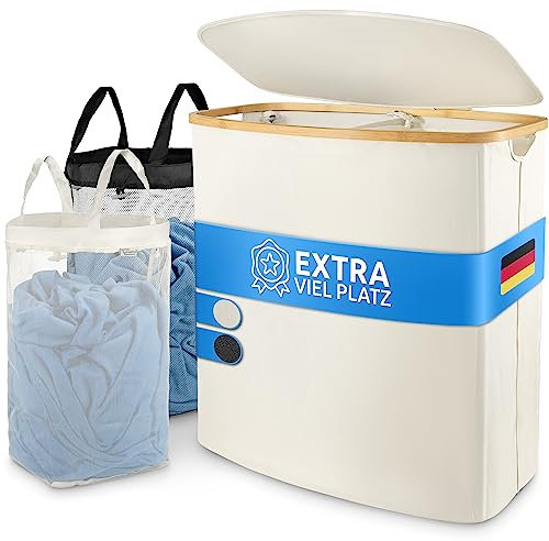 Leroo Wäschekorb mit Deckel [ATMUNGSAKTIV] Wäschekorb beige mit herausnehmbaren Wäschesäcken - Wäschesortierer für Bade- & Schlafzimmer - Wäschesammler 2 Fächer - Wäschebox groß mit 140L
