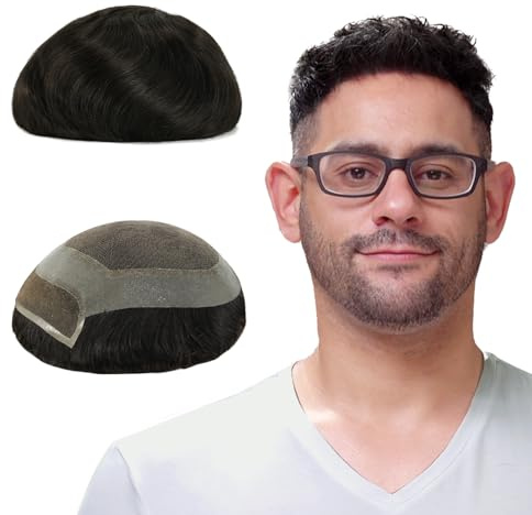 Lordhair Toupet Capelli Veri da Uomo,Protesi Capelli Uomo,100% Capelli Umani,con Pizzo Francese e Bordo Della Pelle