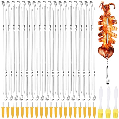 YOUNGSAY 36 PCS Brochette Inox, 28,3cm Réutilisables Pique de Brochettes en Acier, Brochette en Metal avec 3 Pinceaux à Huile et 20 Fourchettes à Maïs pour Barbecue/Viande/Légumes