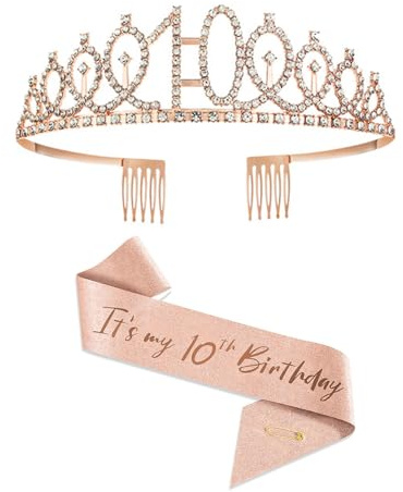 10e Anniversaire Fille - Echarpe et Couronne en Or Rose, Diademe en Cristal - Cadeaux pour Fête d'Anniversaire