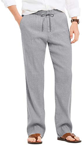 COOFANDY Herren Hose mit Kordelzug Leinenhose Lang Leichte Sommerhose Freizeithose Elastische Taille Strandhose Stoffhose Schlupfhose Yoga Hose Grau XL