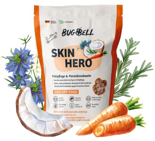 BugBell SkinHero - 800 g - Nourriture sèche de qualité supérieure avec Insectes - Nourriture hypoallergénique Sensible pour Chiens - Soin du Pelage et répulsif Contre Les parasites avec nigelle