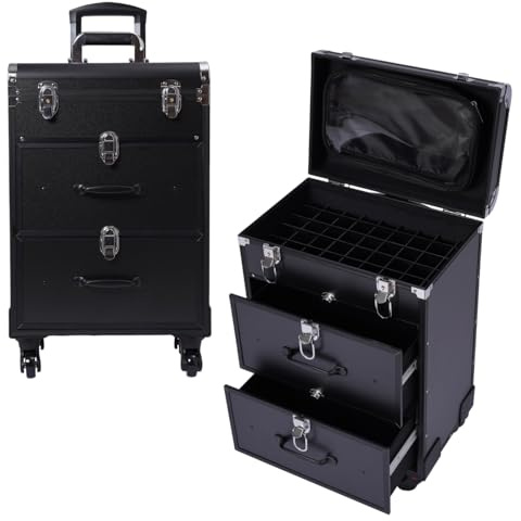 DAOHHFO Trousse cosmétique trolley avec tiroir, trolley professionnel pour maquillage, grande avec serrure, pour femme, avec roulettes pour voyage, esthéticienne, coiffeuse, Noir , 36 x 23 x 58 cm
