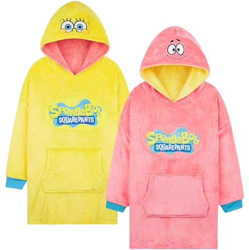 SPONGEBOB SQUAREPANTS Poncho Réversible Garçon et Ado, Sweat à Capuche Doux, Plaid Chaud Cocooning Hiver, Cadeau Enfant