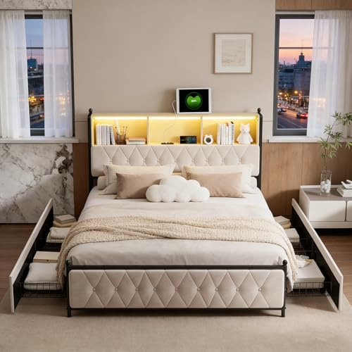 BRILVERDE Letto imbottito 160x200 con Contenitore, Letto matrimoniale con USB e LED, con 4 cassetti, Funzionale con testiera, Struttura letto con rete a doghe, in Velluto (Beige, 160 x 200 cm)
