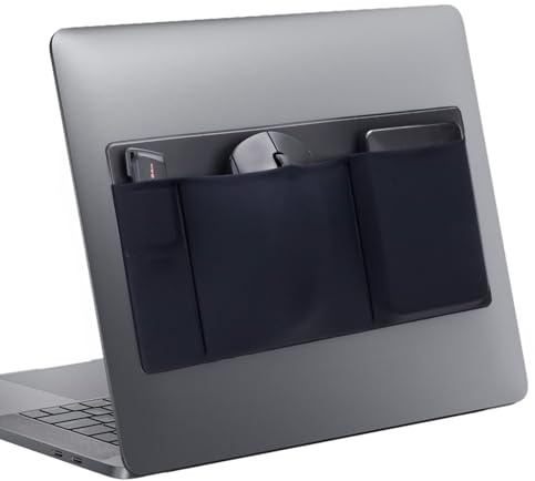 Realand Pochette 3 poches pour ordinateur portable pour souris et disque dur, support adhésif, pochette élastique pour SSD externe portable, téléphone, câble USB, stylo, noir