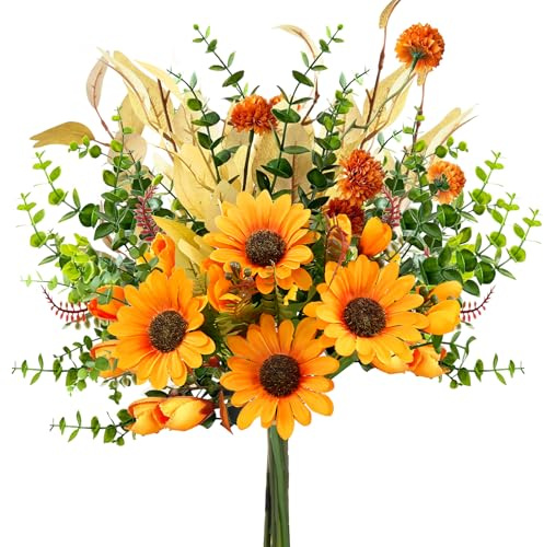 KDISHKRA Bouquet de Fleurs Séchées Artificielles, Tournesols Artificiels, Feuilles D'eucalyptus, Fleurs Artificielles Plantes décoration d'automne pour Maison, Mariage, Floraux, Pièce Arrangement